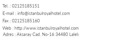 stanbul Royal Hotel telefon numaralar, faks, e-mail, posta adresi ve iletiim bilgileri